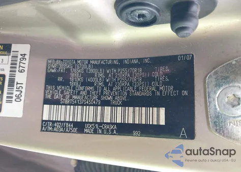 2007 Toyota Tundra Sr5 4.7L V8 из США, поврежденный, VIN 5TBRT54137S450479